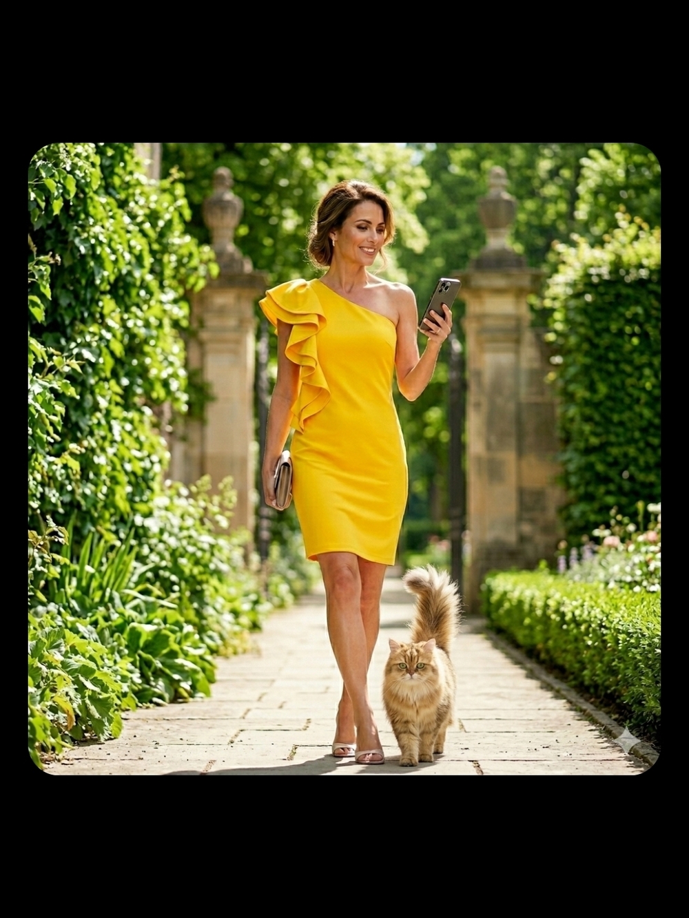 Elegant Bright Yellow Crew Neck Midi Dress with Vertical Ruffle - Size 14 (Tag 6